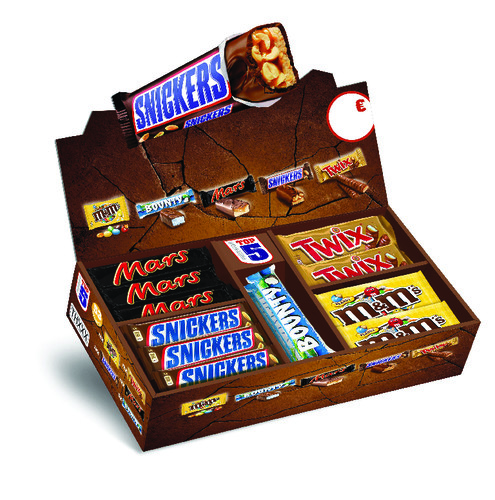 Boite présentoir top 5 twix x12,snickers x12,m&m x12 bounty x5, mars x12