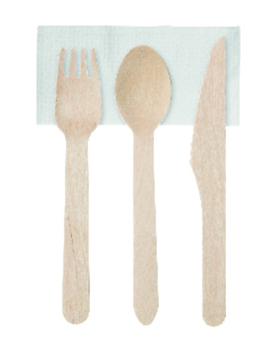 Set couvert bois 4/1 fourchette, cuillère, couteau serviette