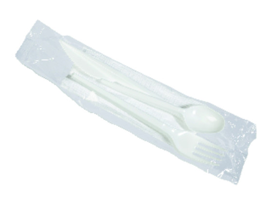 Kit couvert blanc 4 pièces (fourchette, couteau, cuillere a dessert et serviette)