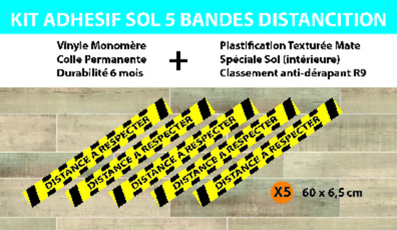 Kit adhésifs sol 5 bandes distanciation dim. 60 x 6.5 cm