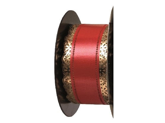 Ruban Charlotte rouge bordure en dentelle or longueur 23m / largeur 50mm