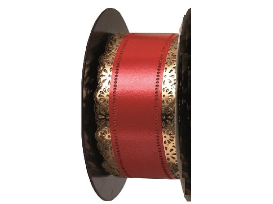 Ruban Charlotte Rouge bordure en dentelle or longueur 23m / largeur 38mm