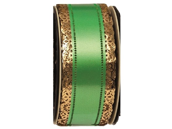 Ruban Charlotte vert jade bordure dentelle or longueur 23m / largeur 38mm