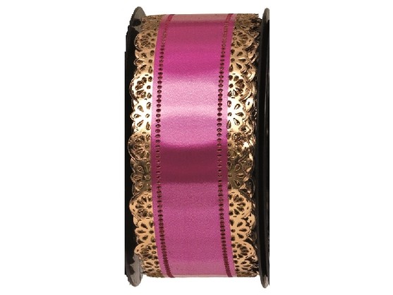 Ruban Charlotte fuschia bordure en dentelle or longueur 23m / largeur 50mm