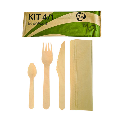 Kit couverts 4 en 1 bois avec couteau fourchette petite cuillère et serviette