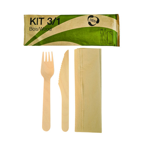 Kit couvert 3 en 1 en bois avec fourchette couteau et serviette