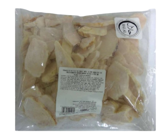 Tranchettes de filet de poulet rôti 5 - 7 mm iqf halal 