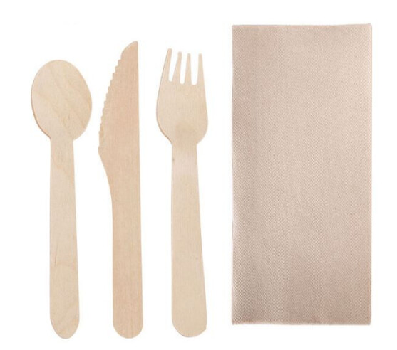 Set couvert bois 4/1 fourchette, cuillère, couteau serviette