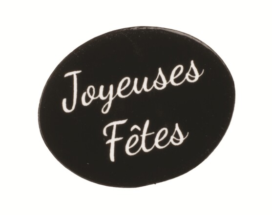 Etiquette cartonnette ovale joyeuses fêtes fond noir texte blanc