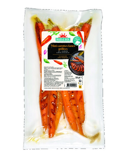 Mini carottes fanes grillées au miel d'acacia, ail et laurier