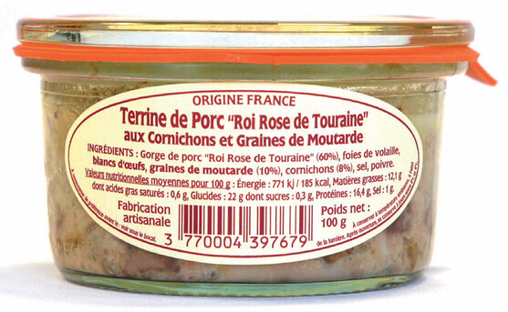 Terrine de porc "roi rose" de touraine aux cornichons et graines de moutarde